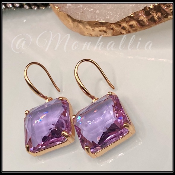 925 ice cube crystal purple amethyst emerald cut gold translucent lucite earring - Picture 2 of 5